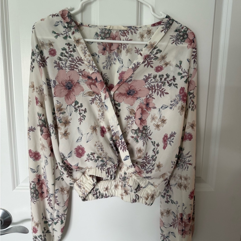 Peach Love California Cream and Pink Wrap Cropped Blouse